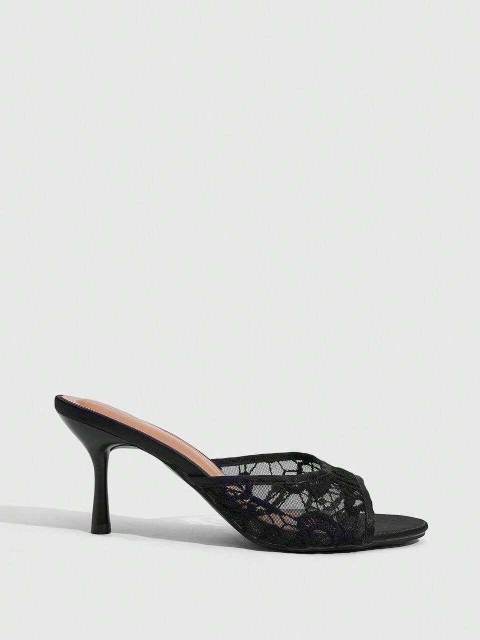 CUCCOO SZL Women's Summer Wedding Season 7.5CM Round Toe Open Toe Kitten Heel Hollow Lace Fabric Black High Heel Sandals Sexy Elegant Versatile