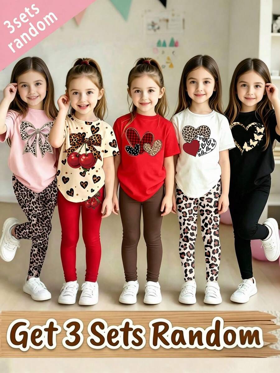 SHEIN Elladie kids 6件套女童春夏秋季休闲时尚创意个性清新可爱格子、豹纹、爱心、蝴蝶图案印花短袖T恤和打底裤套装,舒适日常穿着,温暖夏秋风格 - 彩色 - 查看 1