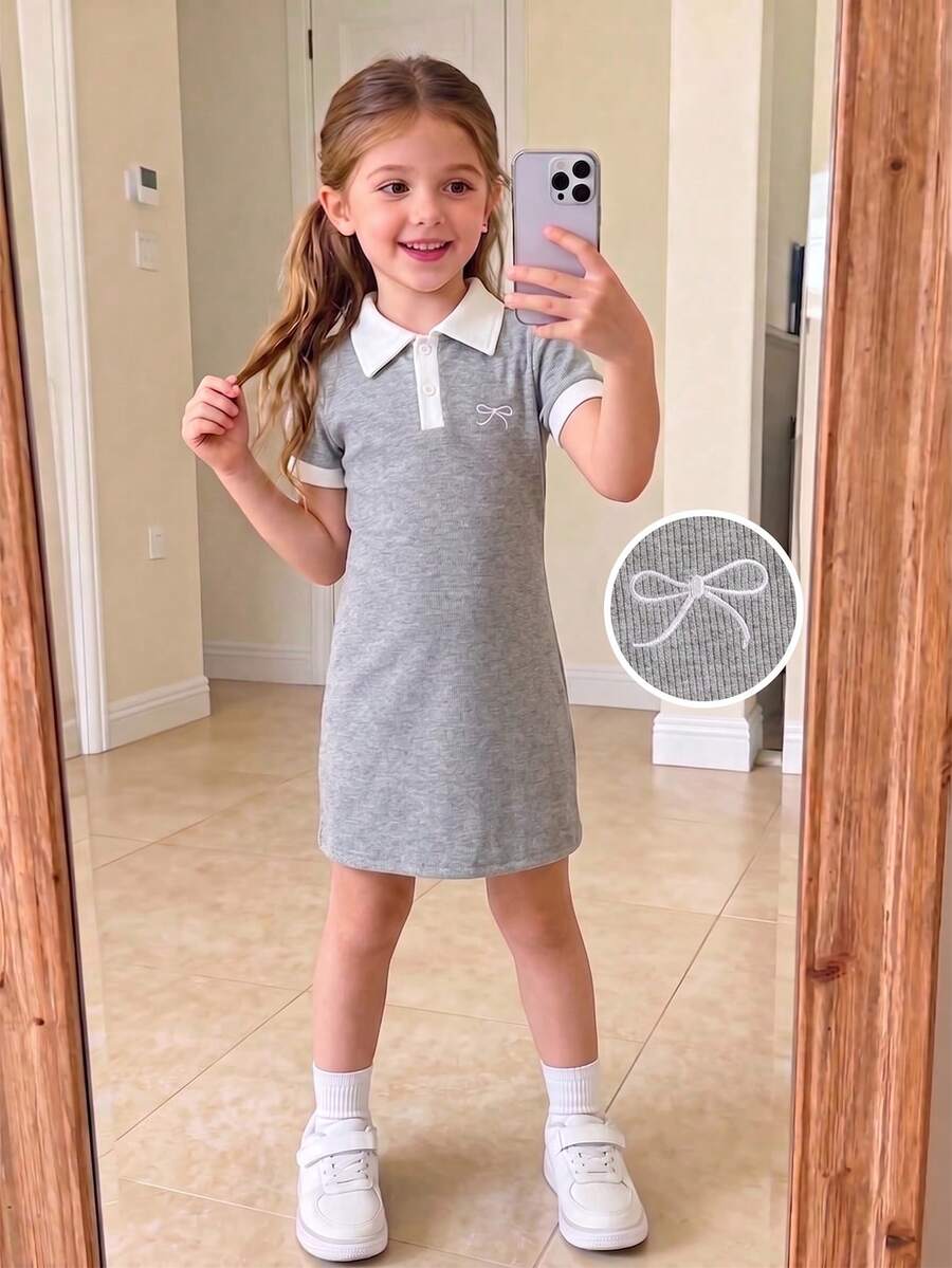 SHEIN Gaun Rajut Lengan Pendek Kerah Polo Setengah Kancing dengan Bordir Pita Kasual Elastis Nyaman untuk Anak Perempuan, Musim Panas - Grey - View 1