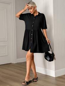 Women's Solid Color Short Sleeve Single-Breasted Ruffle Hem Casual Dress - Black - View 3
