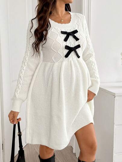 SHEIN Maternity Bow Decor Round Neck Long Sleeve Knit Dress