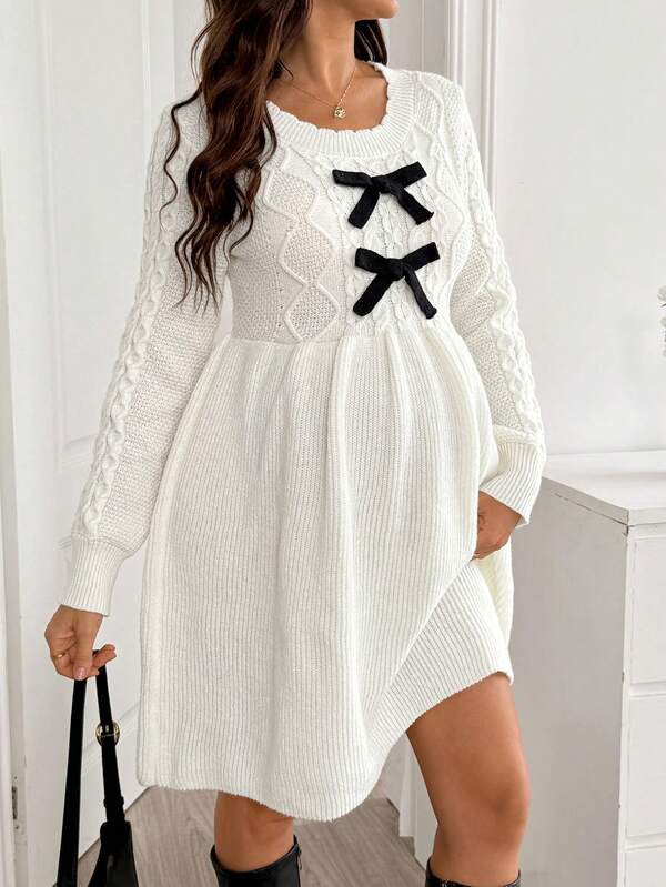 SHEIN Maternity Bow Decor Round Neck Long Sleeve Knit Dress