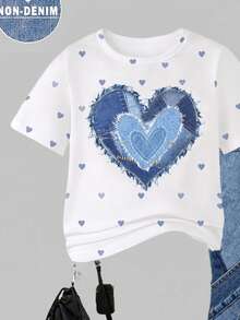 SHEIN Elladie kids 2件組復古愛心印花T恤與喇叭褲套裝，可愛夏季返校女孩穿搭，Y2K校園風，新款圓領短袖T恤搭配鬆緊腰喇叭長褲，簡約百搭時尚通勤套裝 - 彩色 - 查看 4