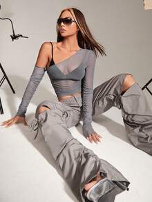 SHEIN ICON Grey Asymmetrical Neck Sheer Mesh Perspective Top Without Bra - Grey - View 5