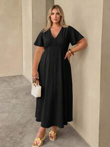 Auralis Plus Size Summer Casual Solid Color Waist-Cinching Dress Brunch Bussines Vacation Black - Black - View 5