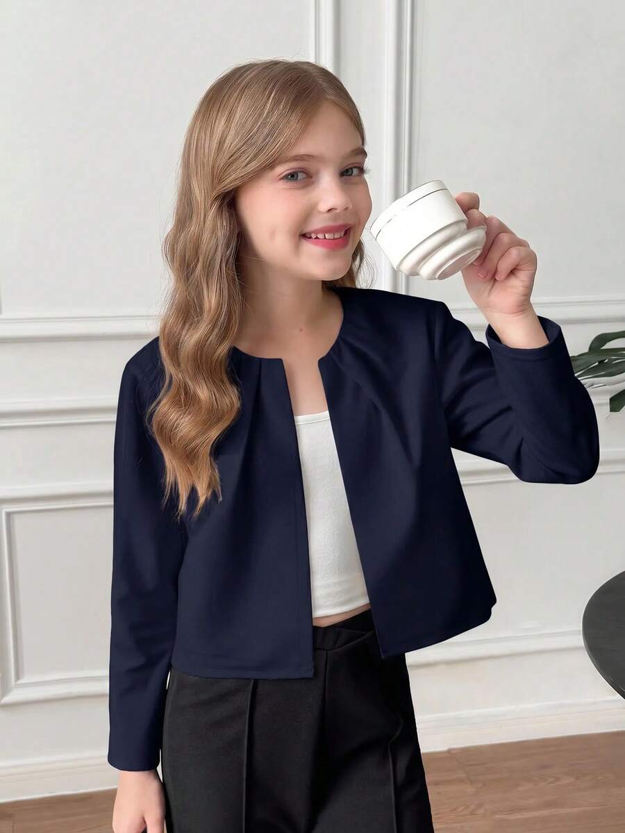 SHEIN 兒童青少年女孩休閒日常百搭純色百褶圓領前開扣短版七分袖秋季外套，返校季 - 藍色 - 查看 1