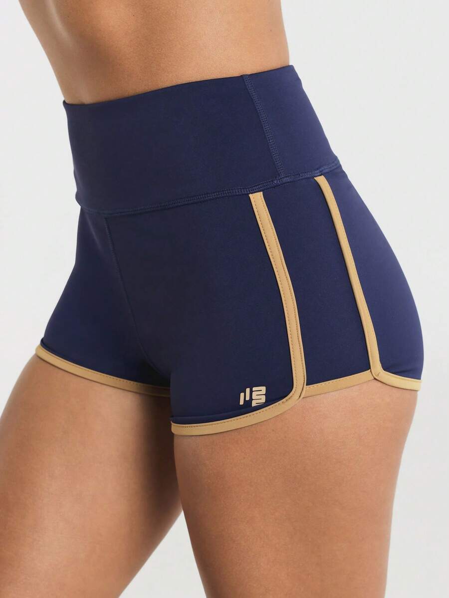 11SKNDS High Waist Booty Shorts With Contrast Gold Trim Piping And Back Pocket, Compression Fit Mini Short For Running Yoga Festival, Training & Hy-Rox - Blue - View 1