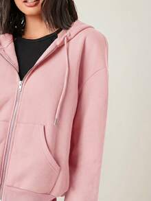 SHEIN BASICS Cozy Fleece Drop Shoulder Zipper Up Hooded Sweatshirt Long Sleeve Tops Fall Back-To-School Light Pink Casual Athleisure Gym Workout Black - Pink - View 5