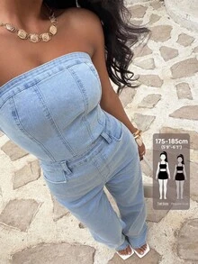 SHEIN Tall 女款牛仔吊帶褲與連身褲，復古淺藍色性感休閒修身無肩帶牛仔連身褲，夏季度假、音樂節及開學季的多功能單品 - 淺色水洗藍 - 查看 1