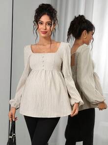 Momance Maternity Striped Square Neck Top, Loose And Comfortable Photoshoot Fall And Winter Maternity - Apricot - View 5