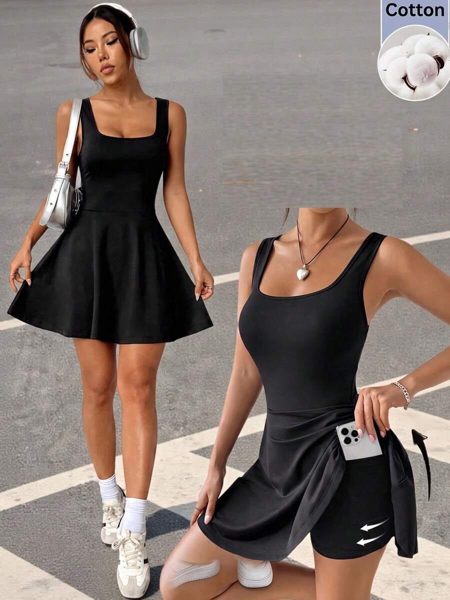 SHEIN EZwear 女款純色休閒極簡日常穿搭夏季迷你洋裝