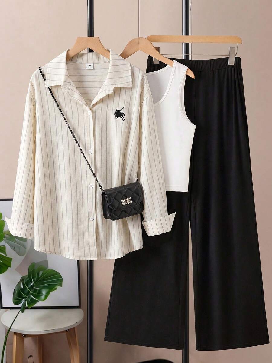 SHEIN 青少年女孩秋季套裝 2件/套 春/秋新款韓式小眾極簡休閒百搭日常夾克套裝 開學季適用