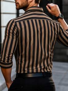 Manfinity Mode 男士休閒商務通勤條紋襯衫 - 棕色 - 查看 2