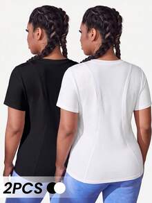 SHEIN Velisys 2pcs Casual Versatile Plus Size Short Sleeve Line Design Sports T-Shirt Set - Multicolor - View 2