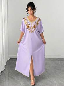 SHEIN Clasi Plus Size Summer Elegant Floral Print Batwing Sleeve Dress - Purple - View 4