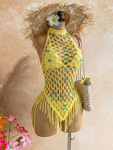 Soleia Women's Solid Color Halter Tie Sexy Tropical Boho Bikini With Triangle Panties And Sequin Fringe Design Dress Knit Set Beach Party Vacation Yellow - Yellow - View 3
