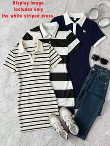 SHEIN 青少年女孩休閒復古學院風領口黑白條紋修身洋裝，返校穿搭 - 黑與白 - 查看 3