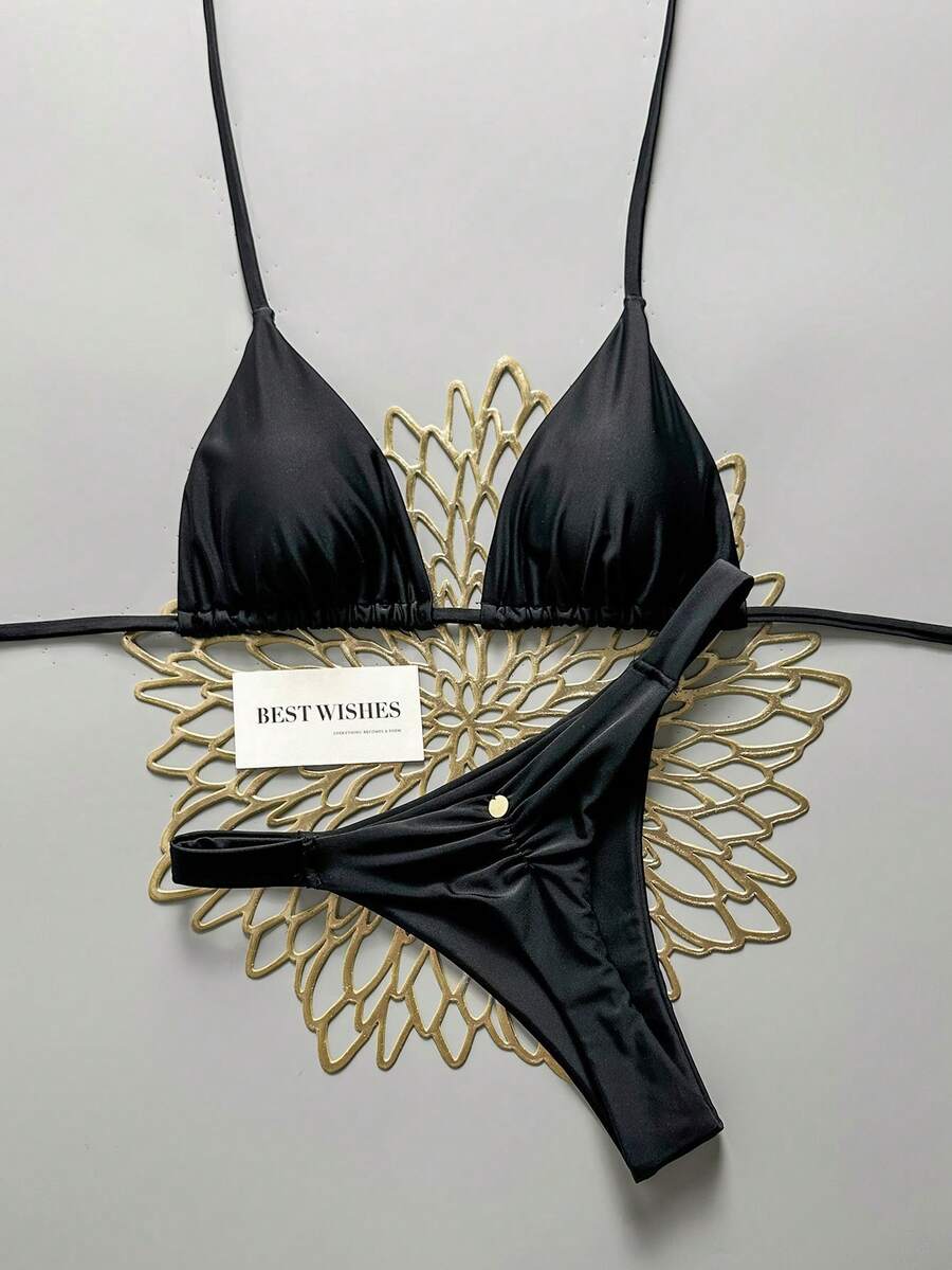 Swim Vcay Conjunto de traje de baño de dos piezas con copa triangular y cuello halter para vacaciones en la playa primavera/verano - Negro - Ver 1