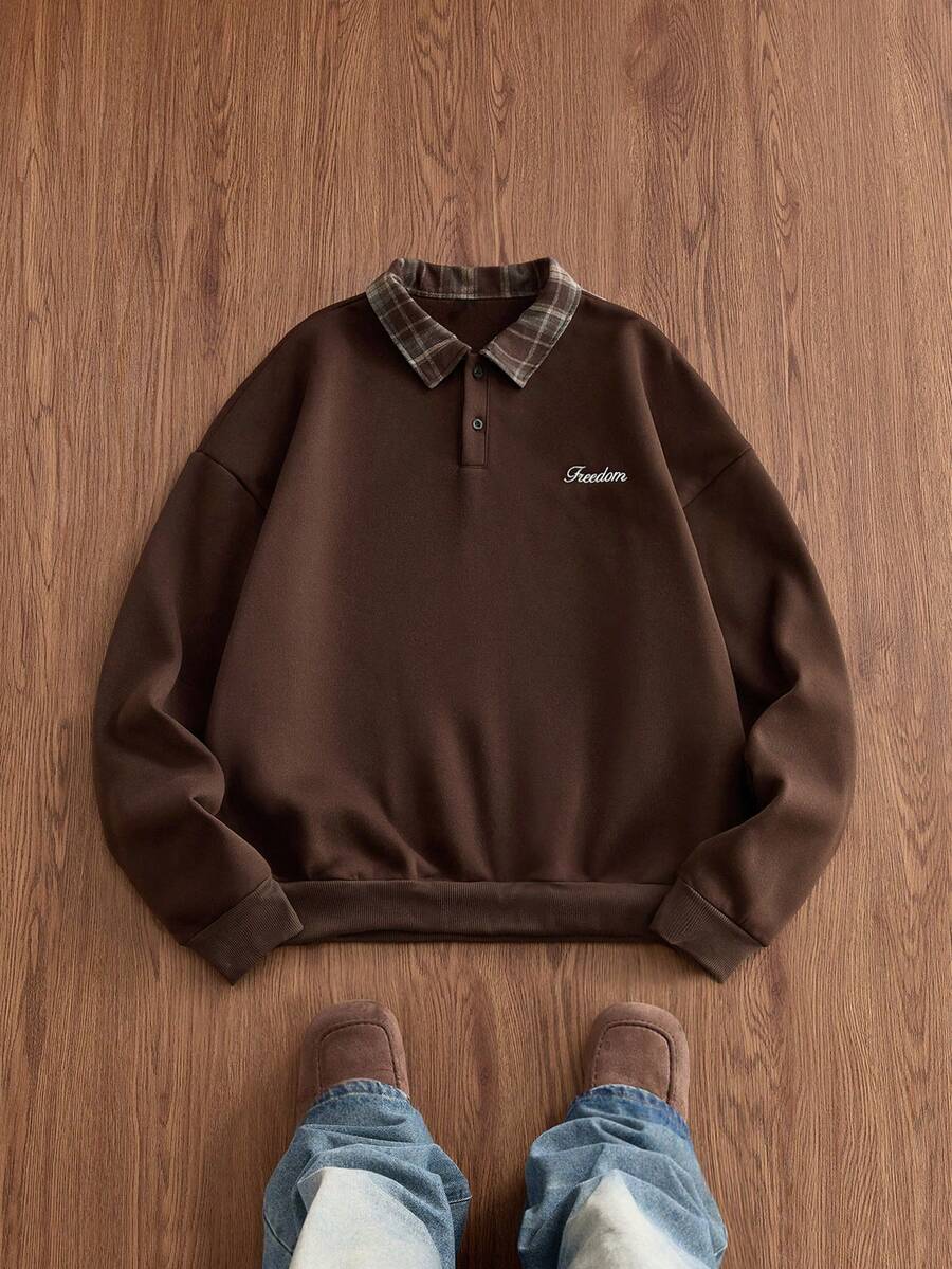 NORVETH Men's Casual Loose Long Sleeve Pullover Sweatshirt With Embroidered Polo Collar, Brown, Spring/Autumn - Brown - View 1
