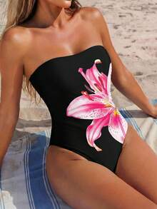 Traje de baño de una pieza elegante y sexy para mujer, de unicolor, tipo bandeau, para el verano - Negro - Ver 5