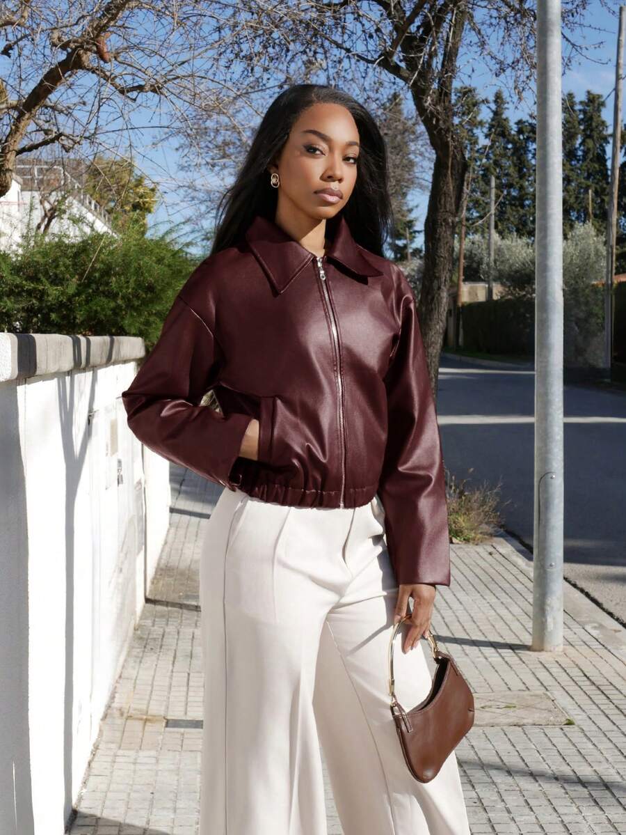 Yess Loren Women's Spring & Fall Long Sleeve PU Leather Zip Front Loose Casual Jacket - Burgundy - View 1