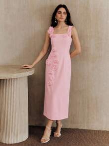 Anewsta Women's Summer Fashion Elegant 3D Floral Sleeveless Spaghetti Strap Fitted Slit Maxi Dress - Pink - View 6