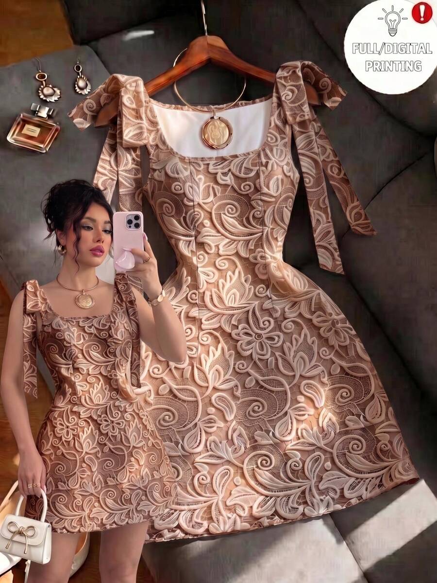 SHEIN Franclia 時尚蕾絲印花方領洋裝 - 棕色 - 查看 1