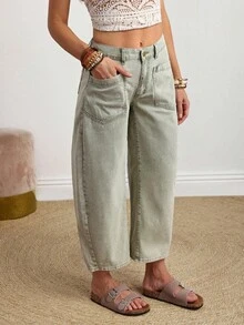 SHEIN PETITE 女款休閒時尚街頭風日常通勤度假風拼接口袋寬鬆喇叭牛仔褲，適合嬌小女性 - 綠色 - 查看 4