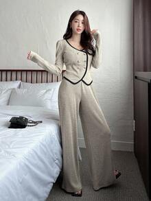 Dazy Tall Setelan Wanita 2 Potong Elegan: Atasan Lengan Pendek dan Celana Panjang Longgar dengan Motif Patchwork Colorblock, Set Pakaian Santai untuk Wanita - Aprikot - View 12