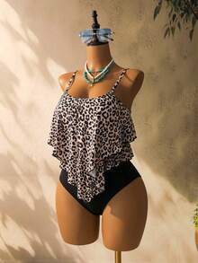 Swim Lushoire Women's Summer Beach Leopard Print Ruffle Tankini Set, Random Print - Multicolor - View 6