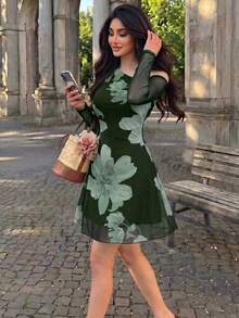 Modelyn 網格印花不對稱領口抓皺優雅性感夏季女裝洋裝 - 墨綠色 - 查看 3