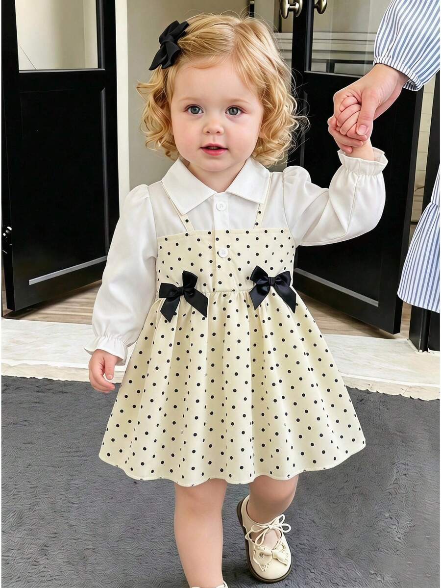 SHEIN Vintaside Kids Gaun A-Line 2-in-1 Lengan Panjang Berkerah dan Mengembang untuk Bayi Perempuan. Siluet A-Line klasik, cocok untuk berbagai tipe tubuh bayi. Desain kerah yang unik menambahkan sentuhan formalitas, lengan mengembang yang dirancang dengan cerdas untuk tampilan yang manis dan ceria. Desain 2-in-1 yang mewah. - Aprikot - View 1