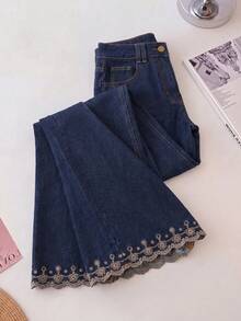 GlowEve Women's Elegant Loose Casual Straight Leg Pants With Contrast Color Embroidered Hem - Blue - View 1