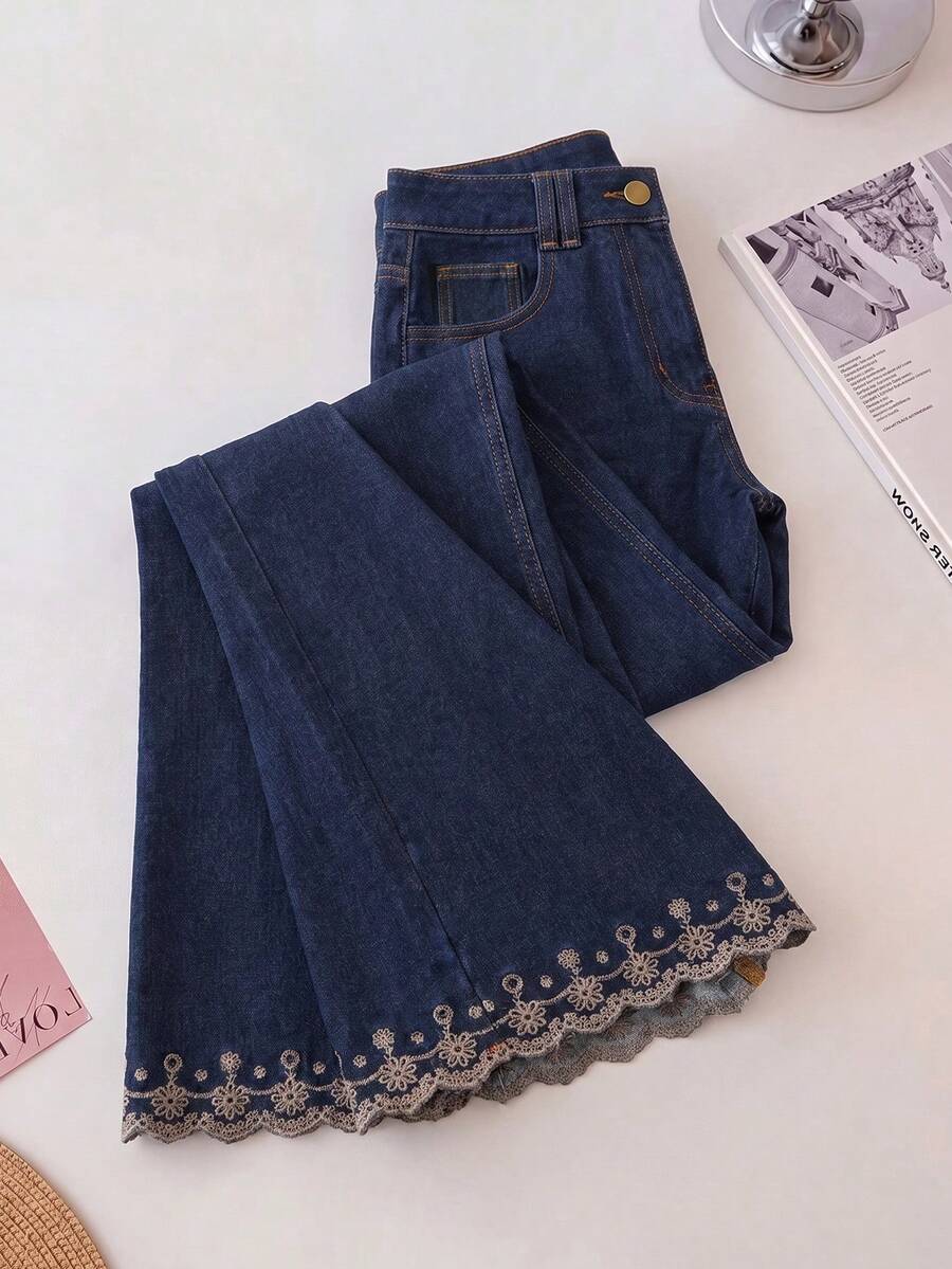 GlowEve Women's Elegant Loose Casual Straight Leg Pants With Contrast Color Embroidered Hem - Blue - View 1
