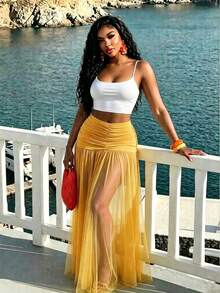VaVaBold Women's Solid Color Ruched High Waist Mesh Skirt For Vacation Beach Pastel Yellow Summer Sexy - Yellow - View 5