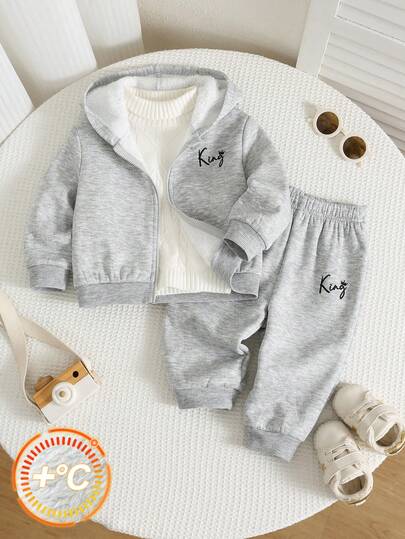 SHEIN Unisex Baby Boy/Girl, Toddler 2pcs Autumn/Winter Casual Versatile Thermal Lined Thickened Hooded Jacket Set, Fleece, Thickened, Baby Winter Clothes, Streetwear