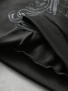 ROMWE MEN Men's Dark Rhinestone Gothic Letter & Wing Print Loose Fit Open Front Plush Hooded Sweatshirt - Black - View 7