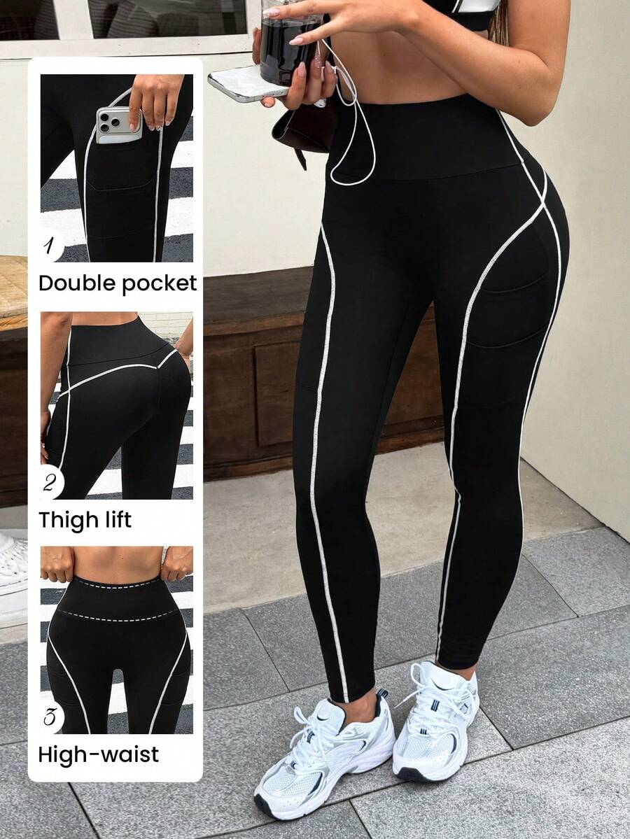 SHEIN Sports Women's High Waist Pocket Daily Fitness Sports Leggings - Multicolor - View 1