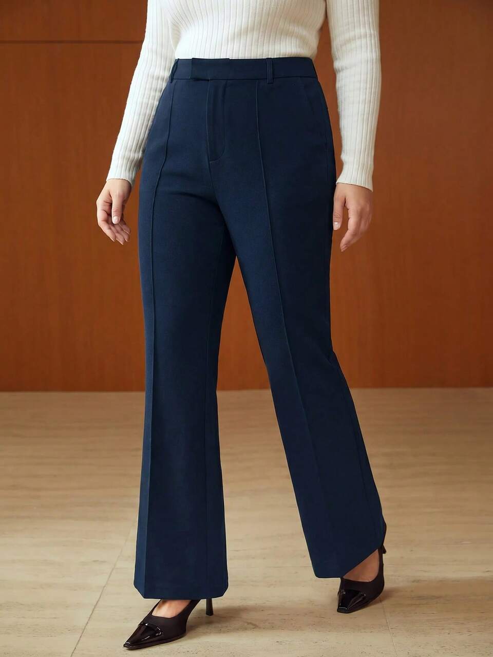 MOTF PLUS SIZE NAVY BLUE PLAIN FLARE LEG LONG PANTS WOVEN FABRIC NON STRETCH FOR WOMEN