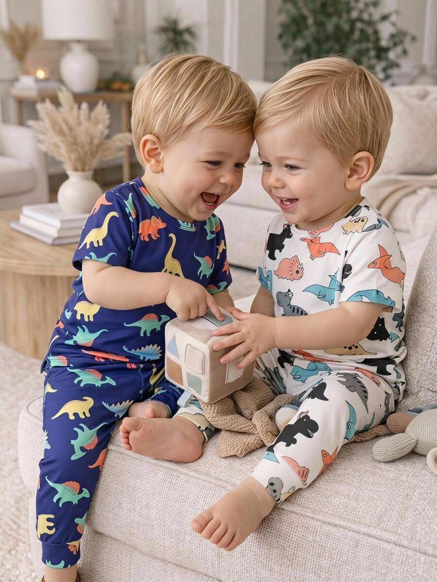 Baby Boy Casual Minimalist Slim Fit Crew Neck Comfortable Short Sleeve Long Pants Loungewear Multi-Piece Set Suitable For Spring/Summer Snug Fit Tight Fit - Multicolor - View 1