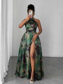 Reflora Vestido de verano elegante con estampado floral, espalda descubierta y cuello halter, talla grande - Beis - Ver 1
