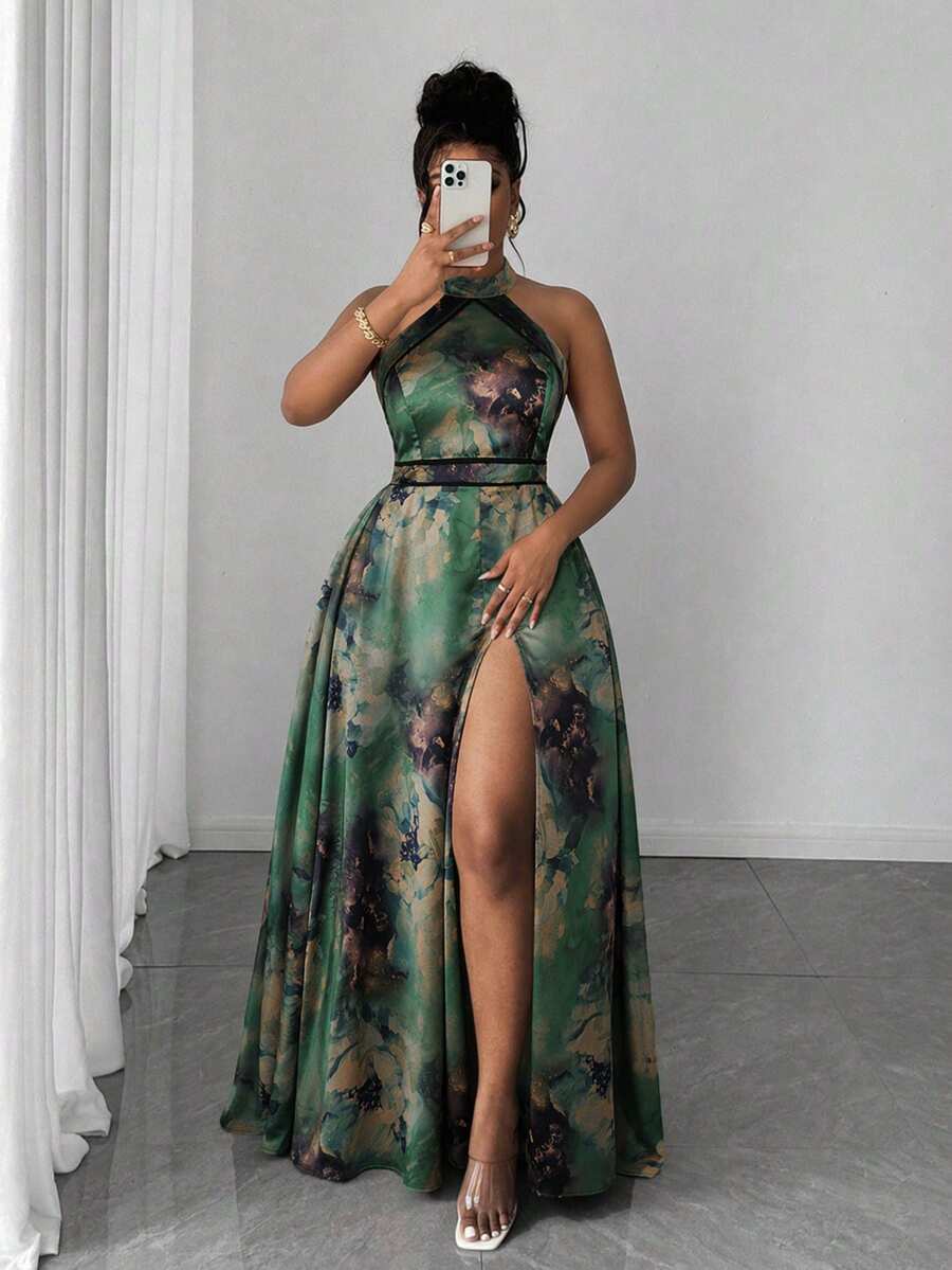 Reflora Vestido de verano elegante con estampado floral, espalda descubierta y cuello halter, talla grande - Beis - Ver 1
