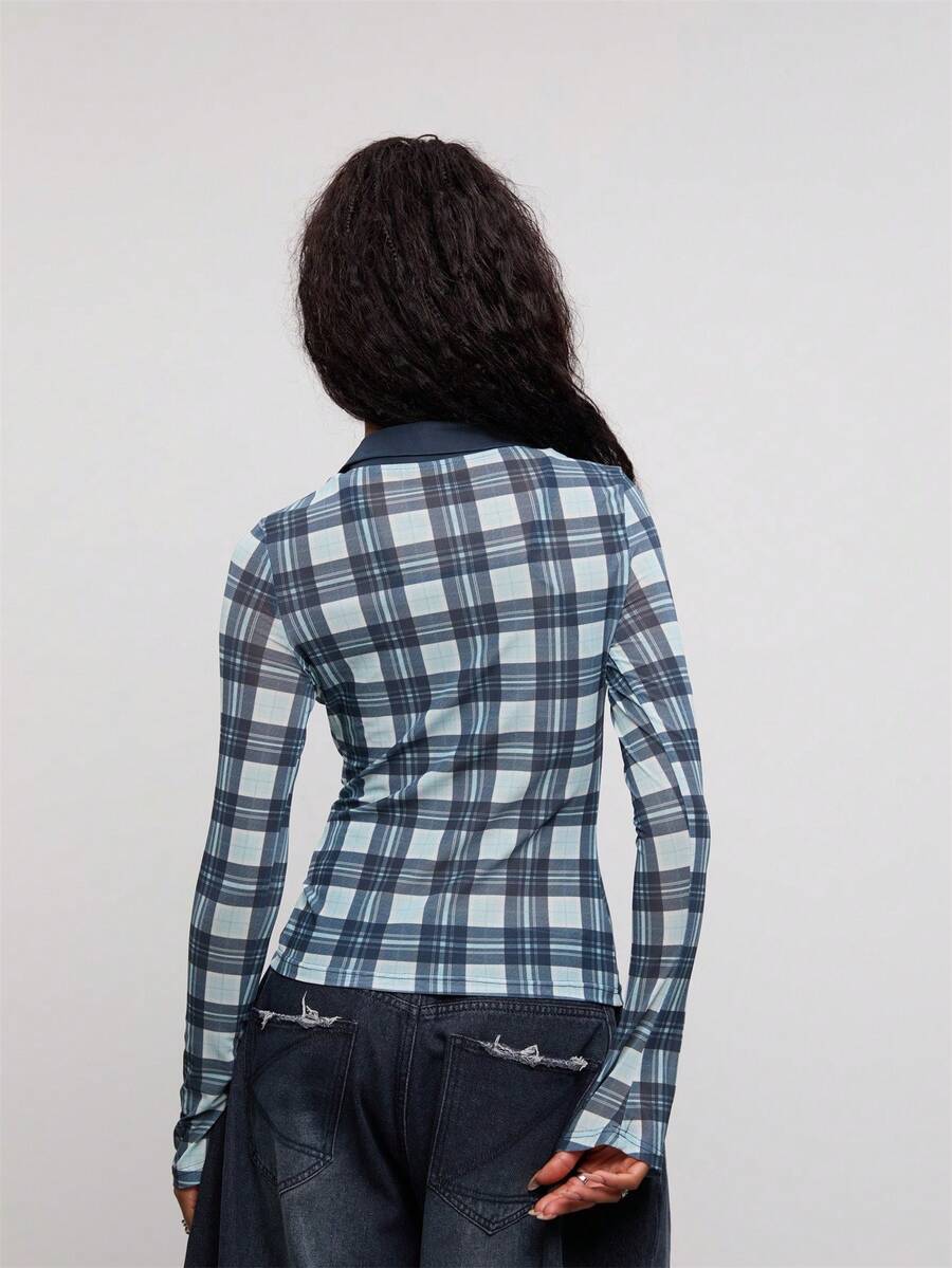 COUREZ 長袖網格格紋上衣 /Y2K Y2K上衣 秋季上衣 秋季服飾 秋季女裝 外出穿搭 外出上衣 - 彩色 - 查看 1
