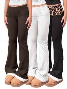 Girlism Tween Girl Tween Girls 3pcs Spring/Summer New Fashion Casual Brown & White Leopard Print Waistband Solid Color Patchwork Leopard Print Flare Leggings Set, Elastic Waistband, Fitness Sports Flare Leggings, American Retro Versatile - Brown - View 1