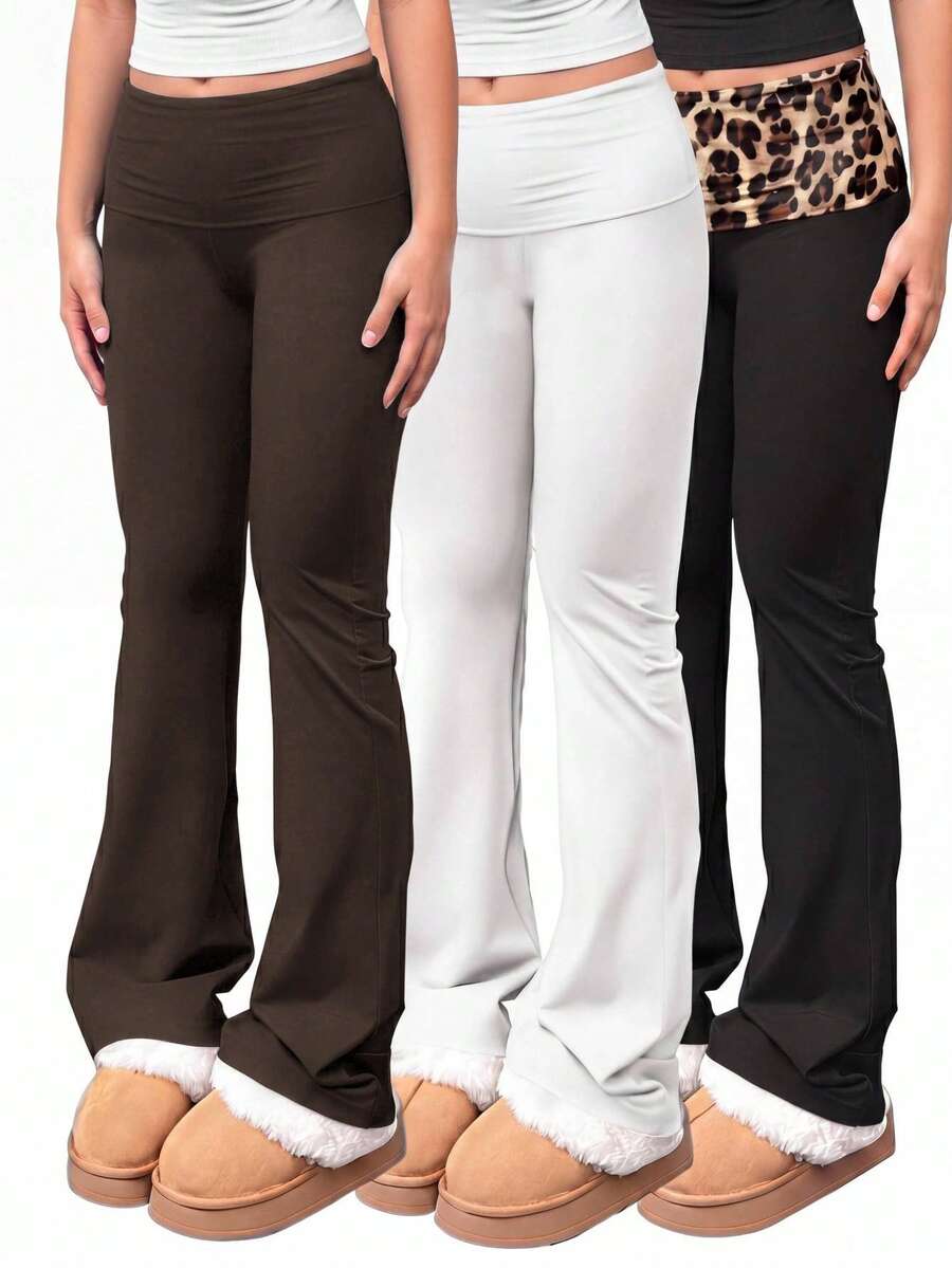 Girlism Tween Girl Tween Girls 3pcs Spring/Summer New Fashion Casual Brown & White Leopard Print Waistband Solid Color Patchwork Leopard Print Flare Leggings Set, Elastic Waistband, Fitness Sports Flare Leggings, American Retro Versatile - Brown - View 1