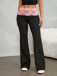 SHEIN PETITE Contrast Color Lace Patchwork Folded Waist Flare Pants - Black - View 6