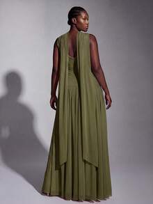 Elitara Olive Green Fall Elegant Classy Evening Formal Party High-Stretch Knit Mesh Plunging Neck Twist Ruffle Bridesmaid Dresses Women Gala Wedding Guest - Army Green - View 2
