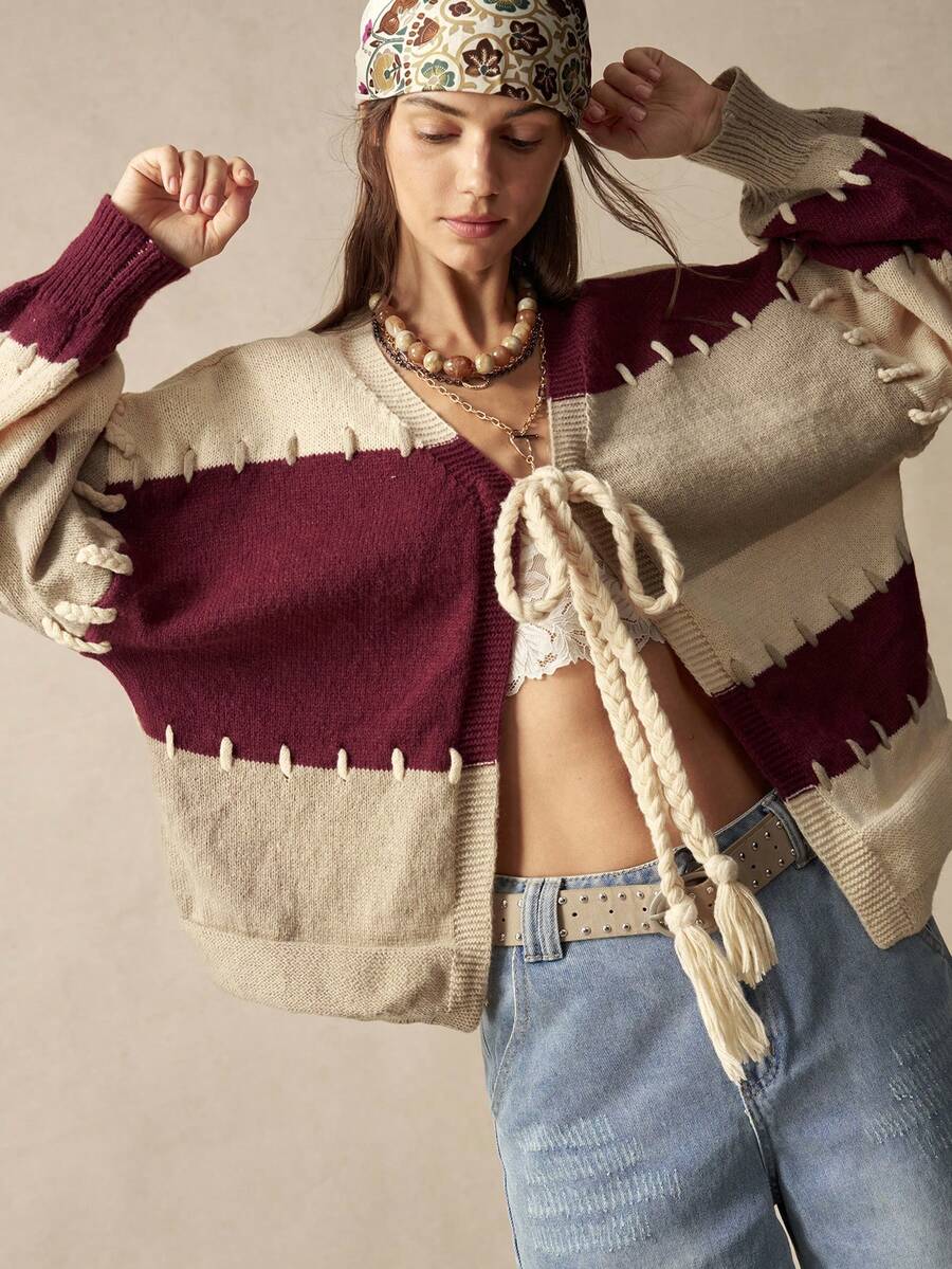 Bohemela 女款 V 領拼接色休閒百搭日常穿著長袖針織衫 - 彩色 - 查看 1