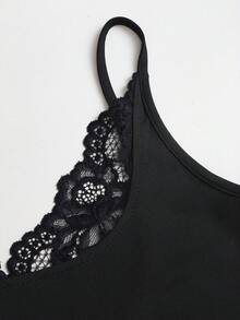 Sweetra Women's Sexy Lace Patchwork V-Neck Cami Short Dress, Suitable For Spring, Summer And Autumn - Black - View 3