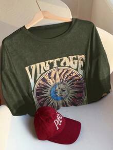 Comfortcana Camiseta holgada de talla grande con estampado de sol en verde, primavera/verano - Verde militar - Ver 4